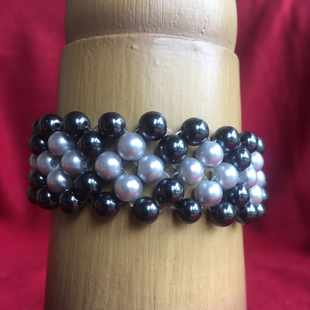 Hematite and glass, wide, adjustable bracelet